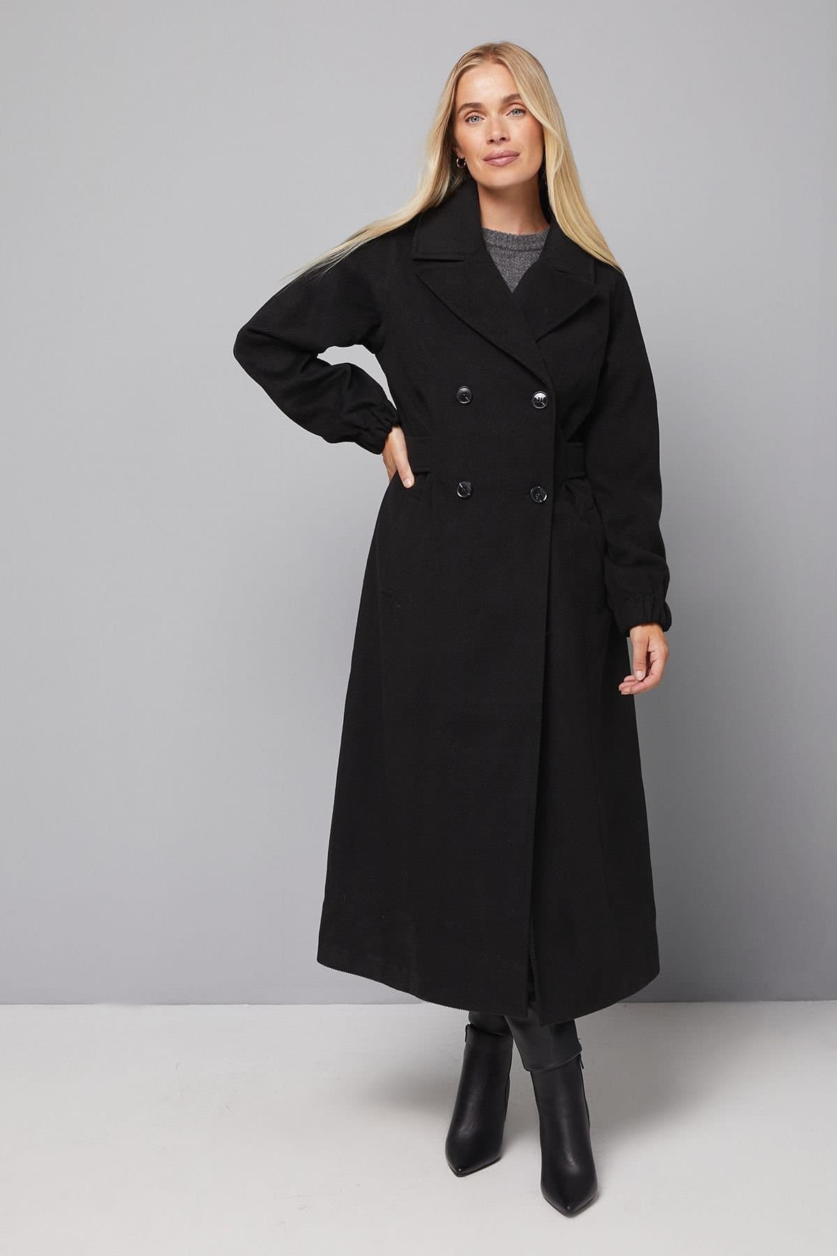Wallis Wallis Women's Petite Bellow Sleeve Double Breasted Coat in Black