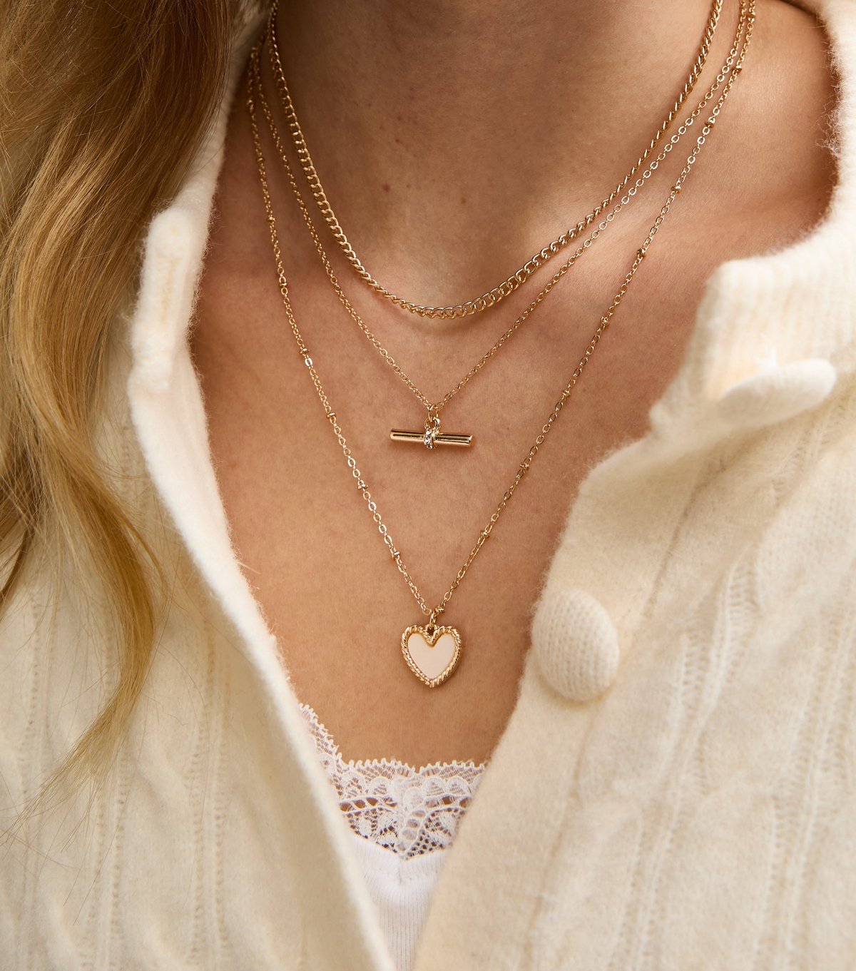 New Look Gold Tone Triple Layer Heart Pendant and T-Bar Necklace New Look - 2