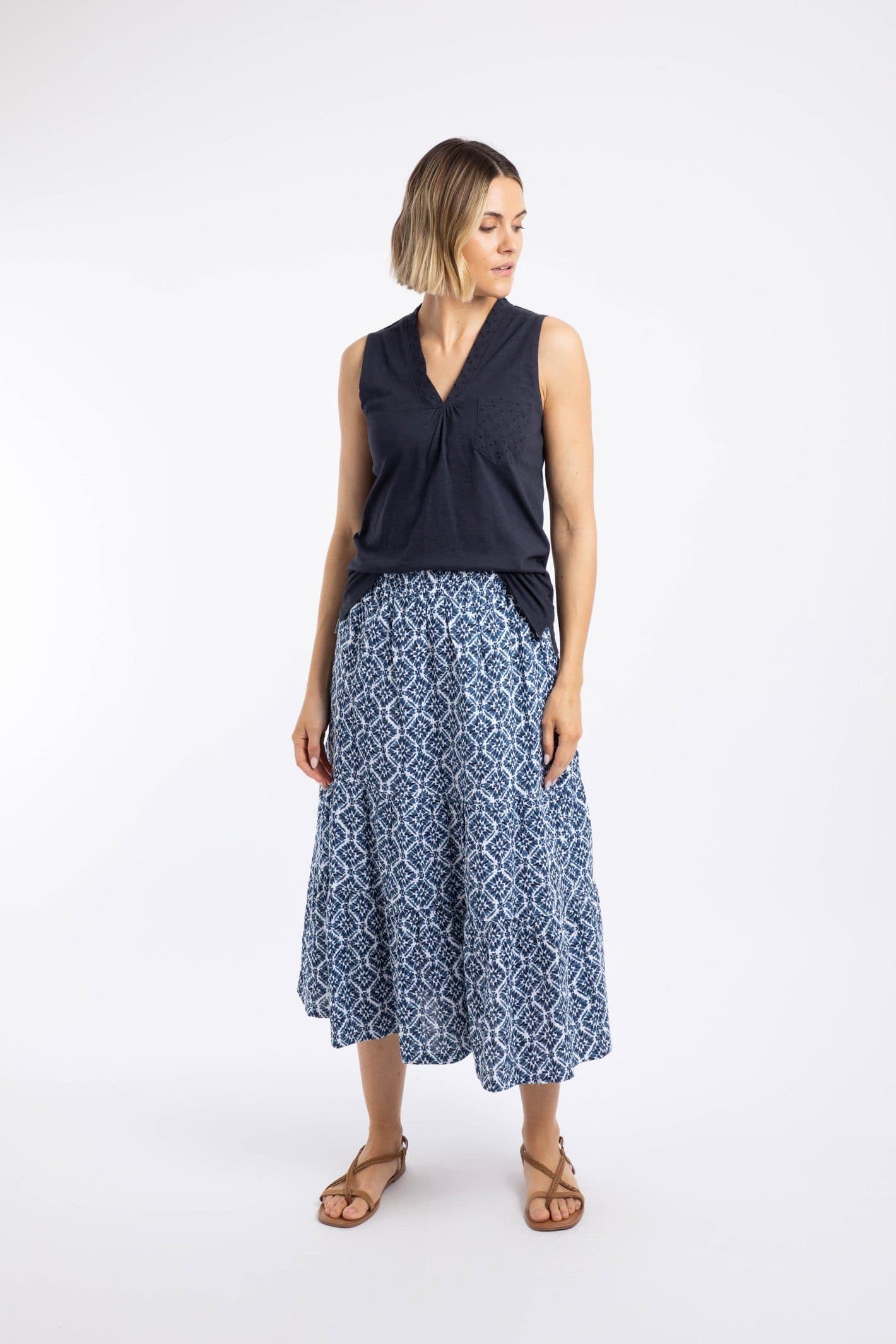 Weird Fish Weird Fish Women's Harini Double Cloth Printed Midi Skirt in Mid Blue