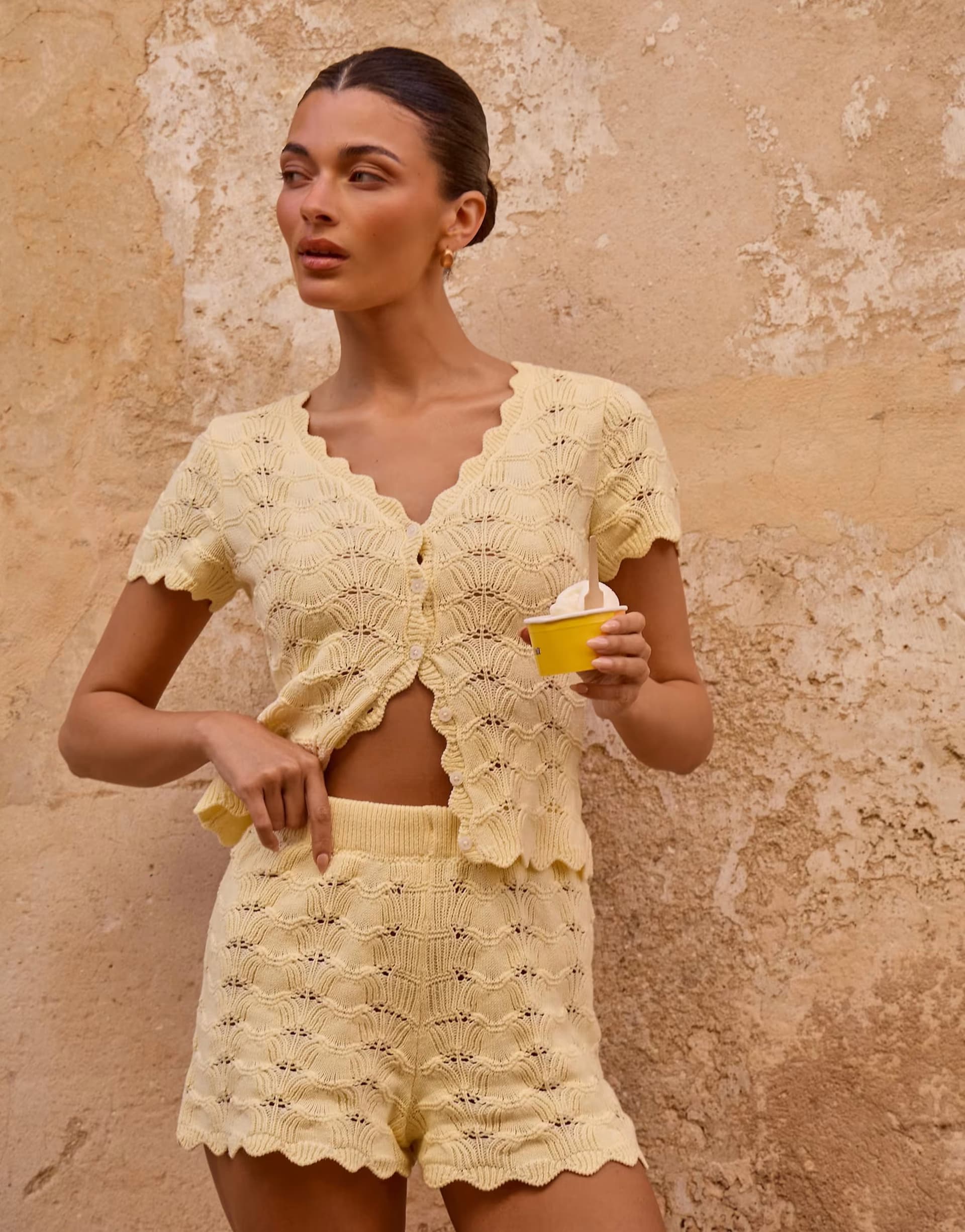 ASOS The Frolic exclusive crochet scallop trim split front top co-ord in lemon