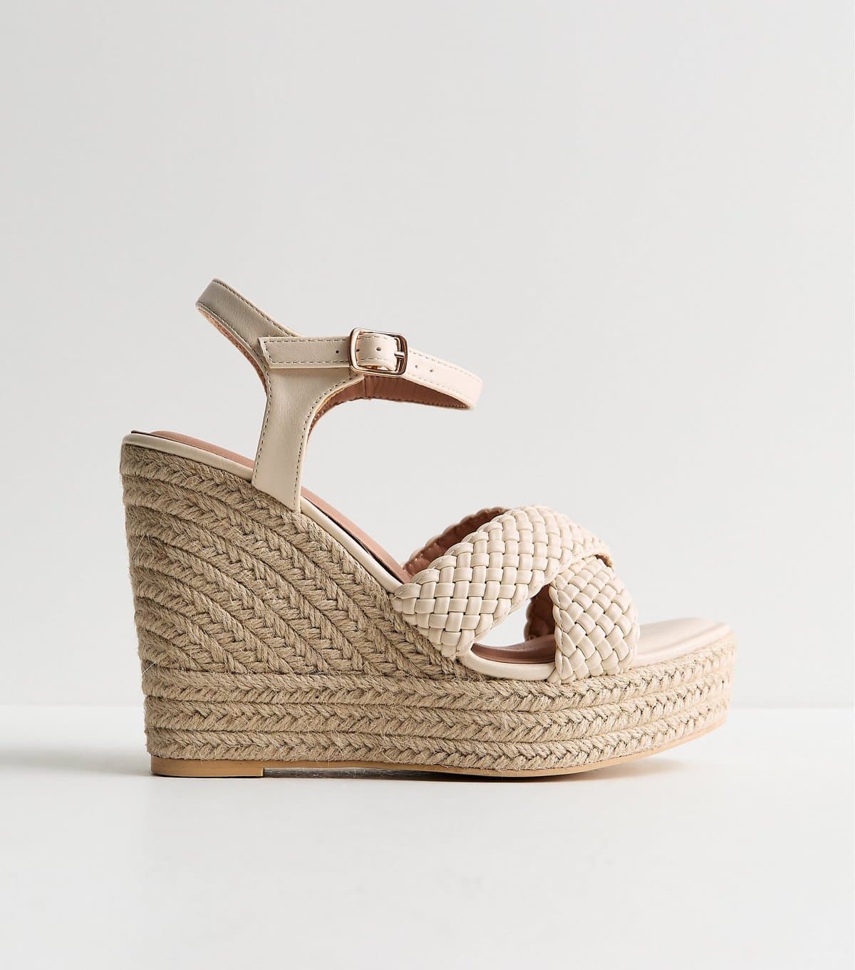 New Look Women's Wide Fit Off White Faux Leather Braided Wedge Sandals Vegan New Look