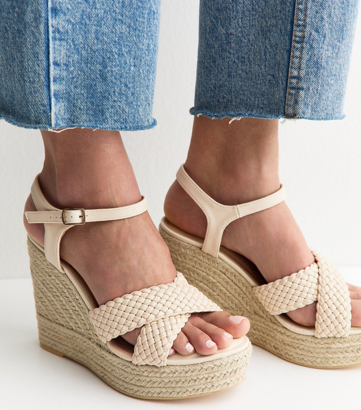 New Look Women's Wide Fit Off White Faux Leather Braided Wedge Sandals Vegan New Look - 2