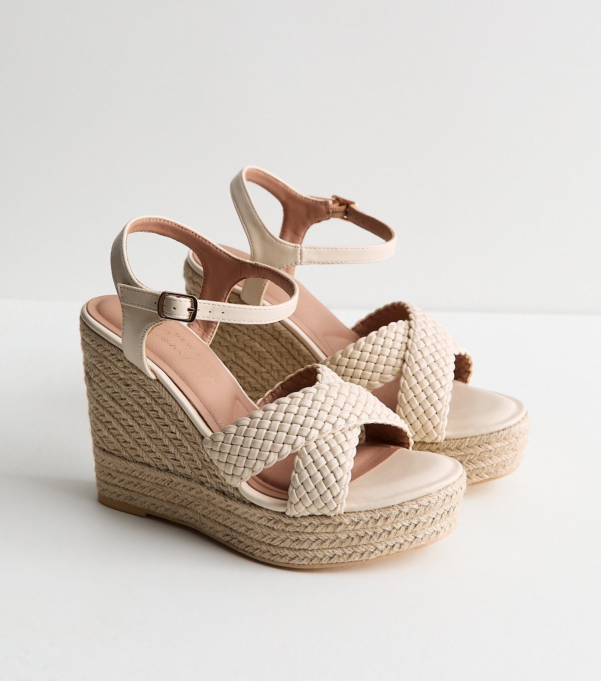 New Look Women's Wide Fit Off White Faux Leather Braided Wedge Sandals Vegan New Look - 3