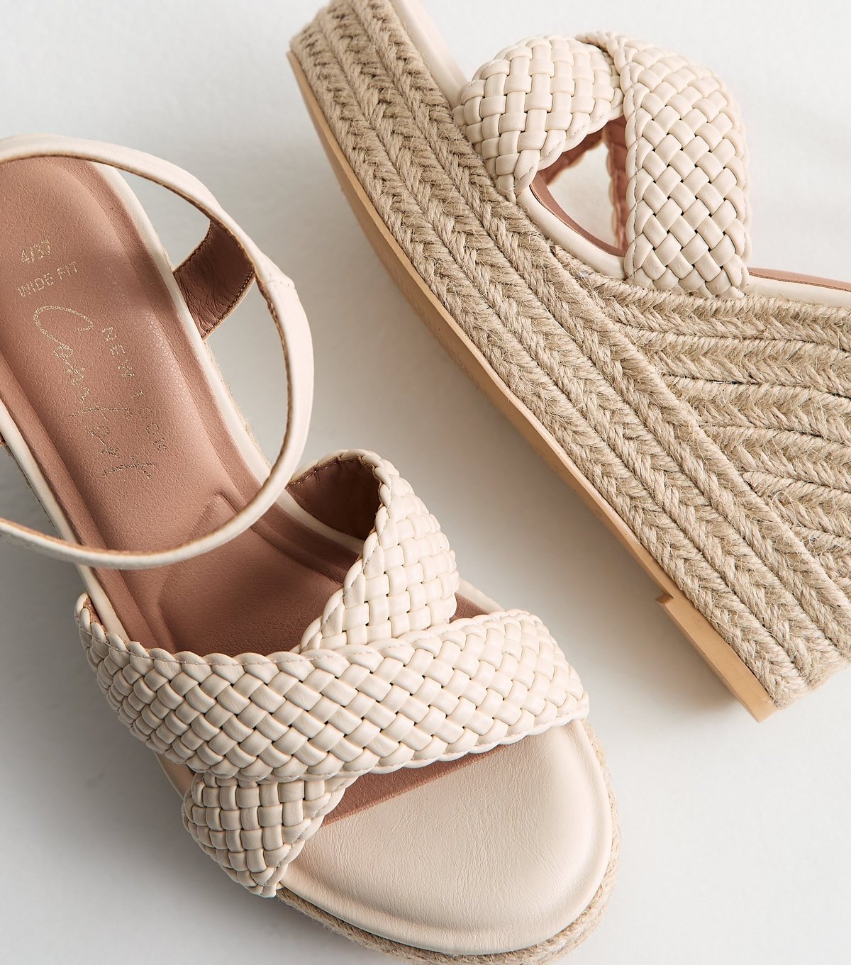 New Look Women's Wide Fit Off White Faux Leather Braided Wedge Sandals Vegan New Look - 4