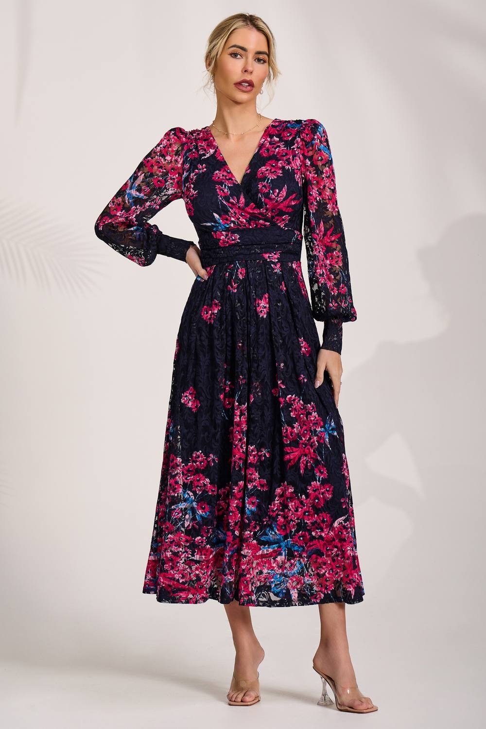 Jolie Moi Jolie Moi Women's Long Sleeve Printed Lace Maxi Dress in Midnight - 2