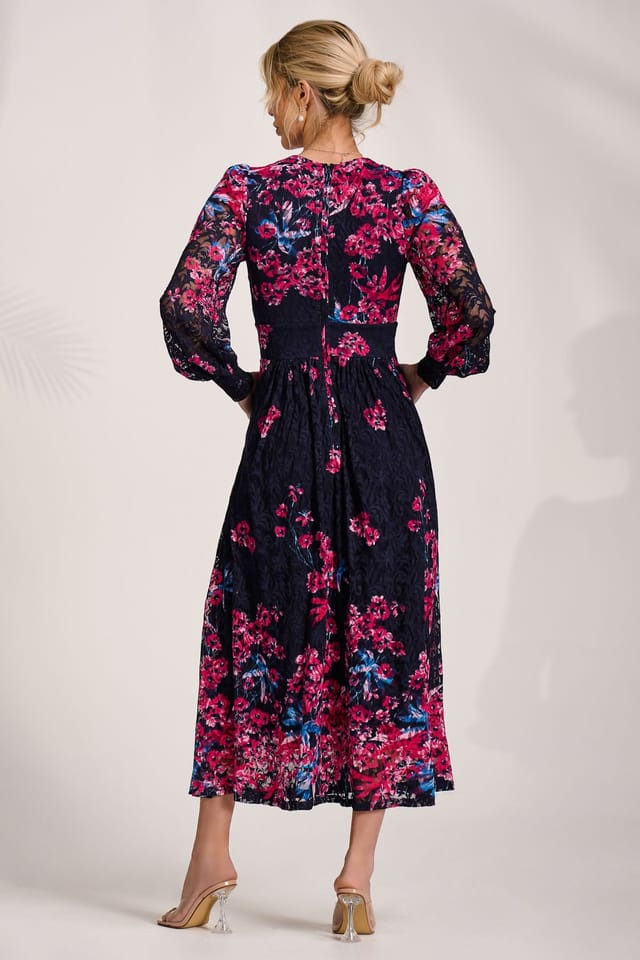 Jolie Moi Jolie Moi Women's Long Sleeve Printed Lace Maxi Dress in Midnight - 2