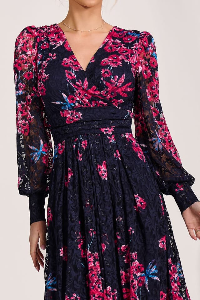 Jolie Moi Jolie Moi Women's Long Sleeve Printed Lace Maxi Dress in Midnight - 3