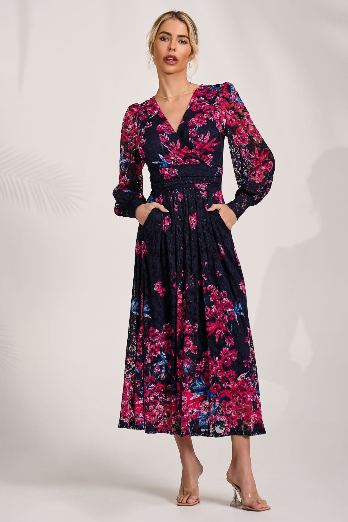 Jolie Moi Jolie Moi Women's Long Sleeve Printed Lace Maxi Dress in Midnight - 4