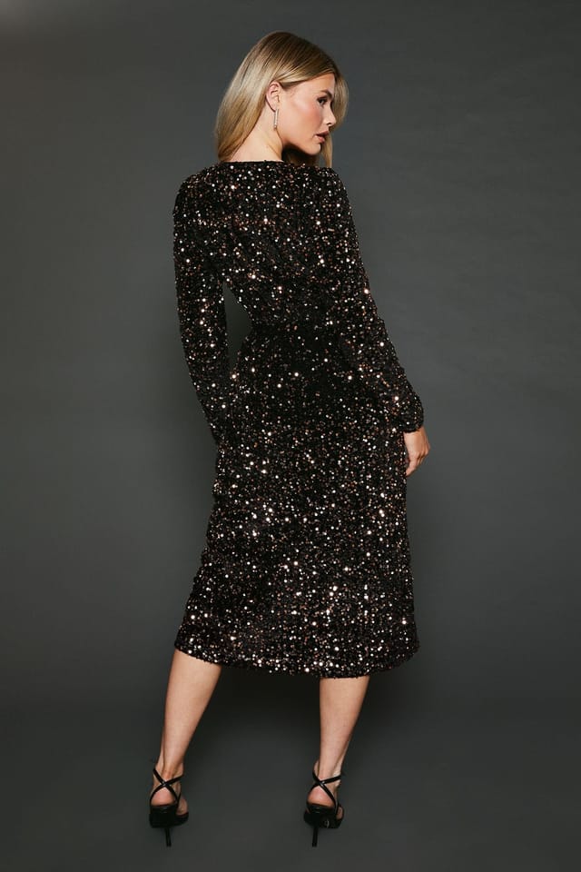 Dorothy Perkins Dorothy Perkins Women's Velvet Sequin Wrap Midi Dress in Bronze - 3