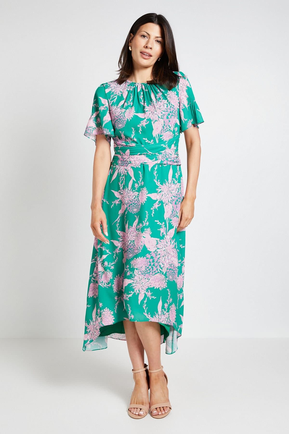 Wallis Wallis Women's Floral Wrap Waist Midi Dress in Green