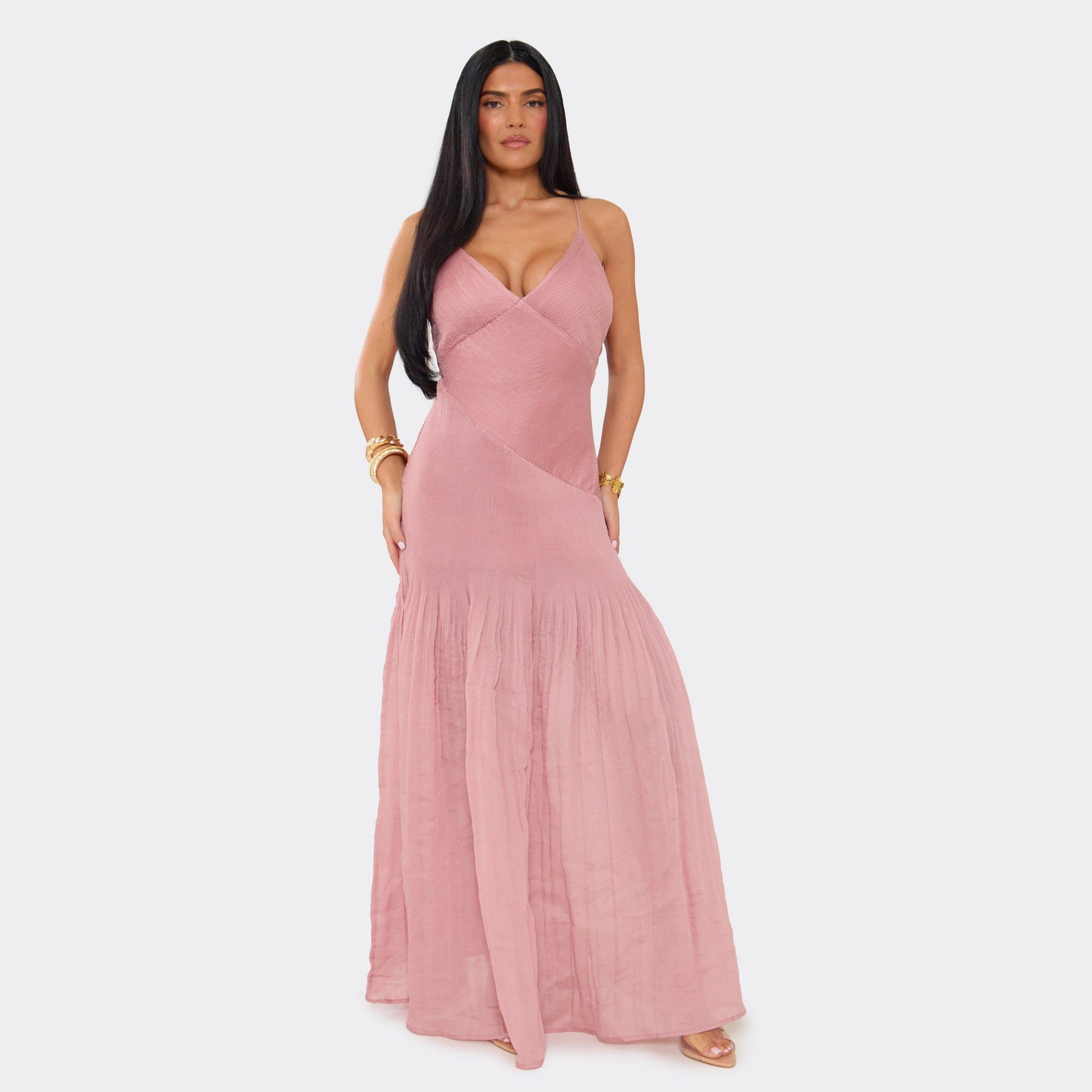 EGO Pink Texture Plunge Neck Maxi Dress