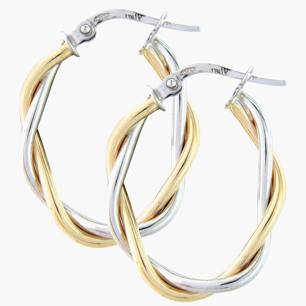 T.H.Baker T.H.Baker Women's 9ct Two-Colour Twist Oval Hoop Earrings ER754 in Silver