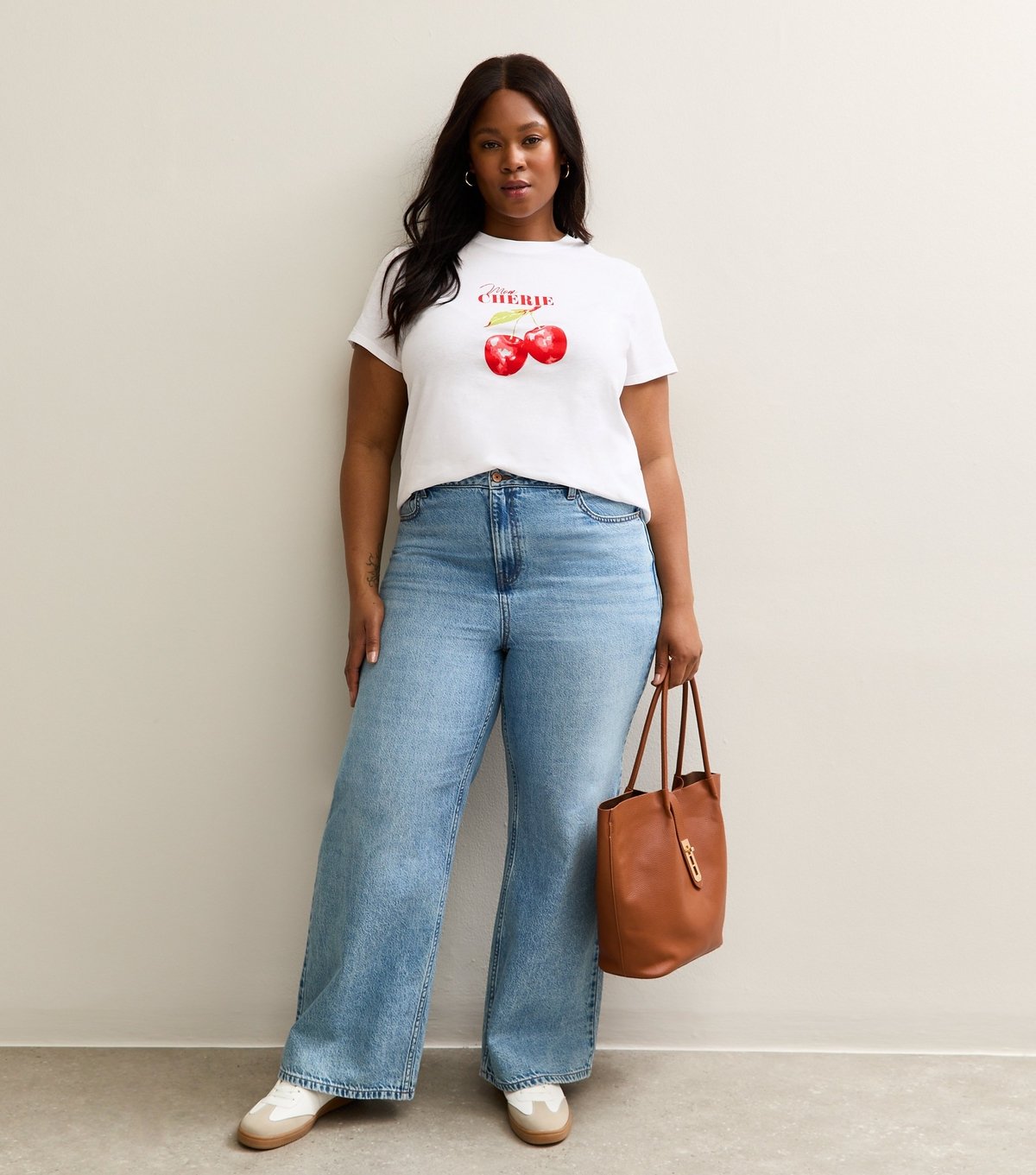 New Look Women's Plus Size White Mon Cherie Cherry Print Relaxed T-Shirt Curves New Look - 3