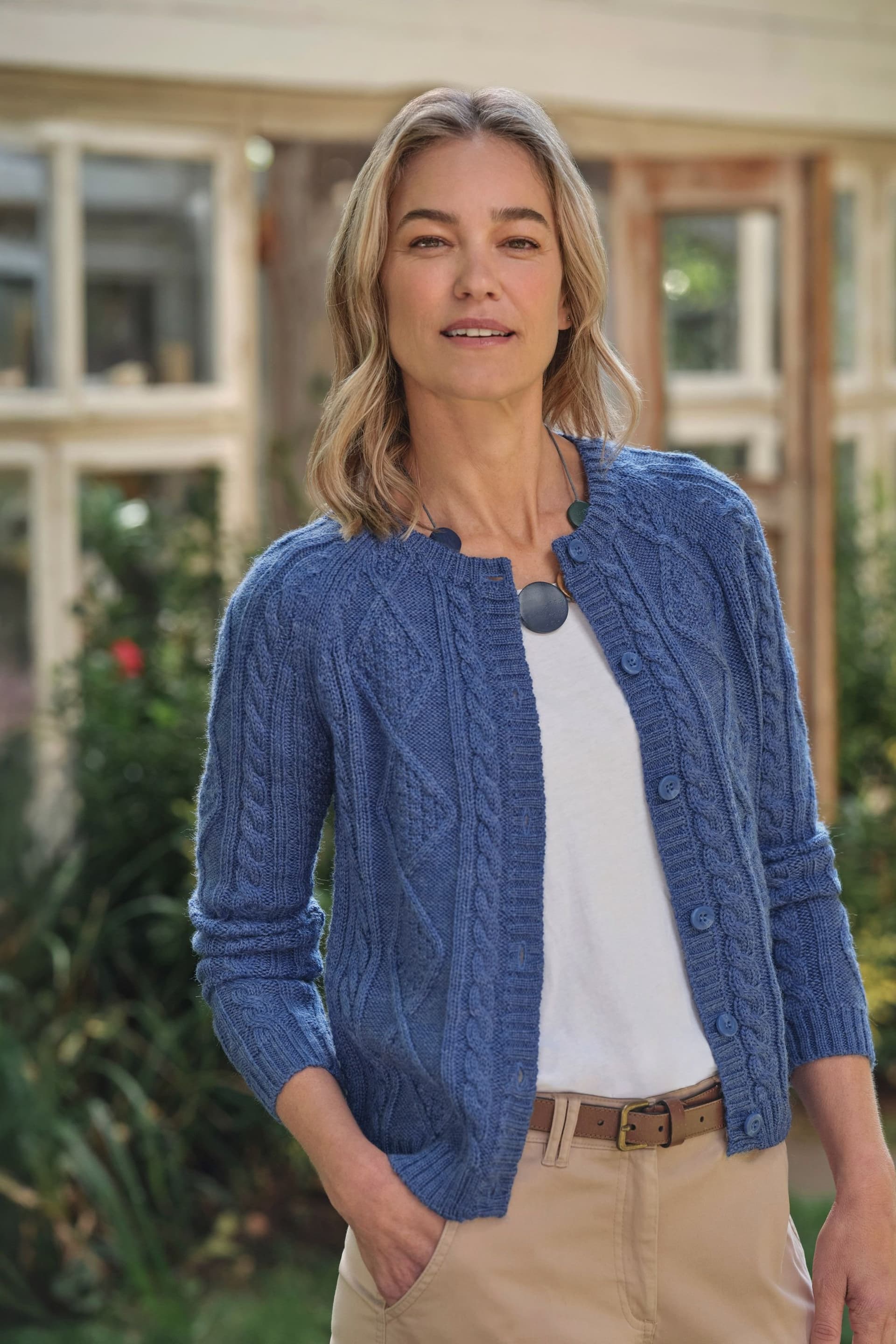 WoolOvers WoolOvers Women's Cable Button Cardigan in Mid Blue