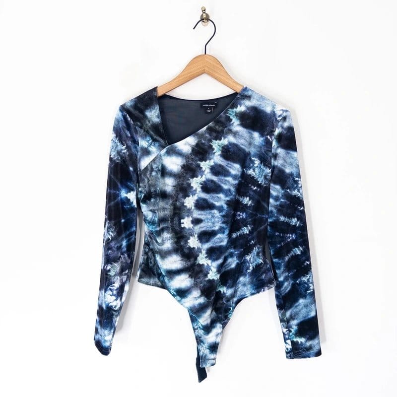 Karen Millen Karen Millen Velvet Tie Dye Bodysuit Size M 10 12 RRP £69 Navy Blue Long Sleeve - 1