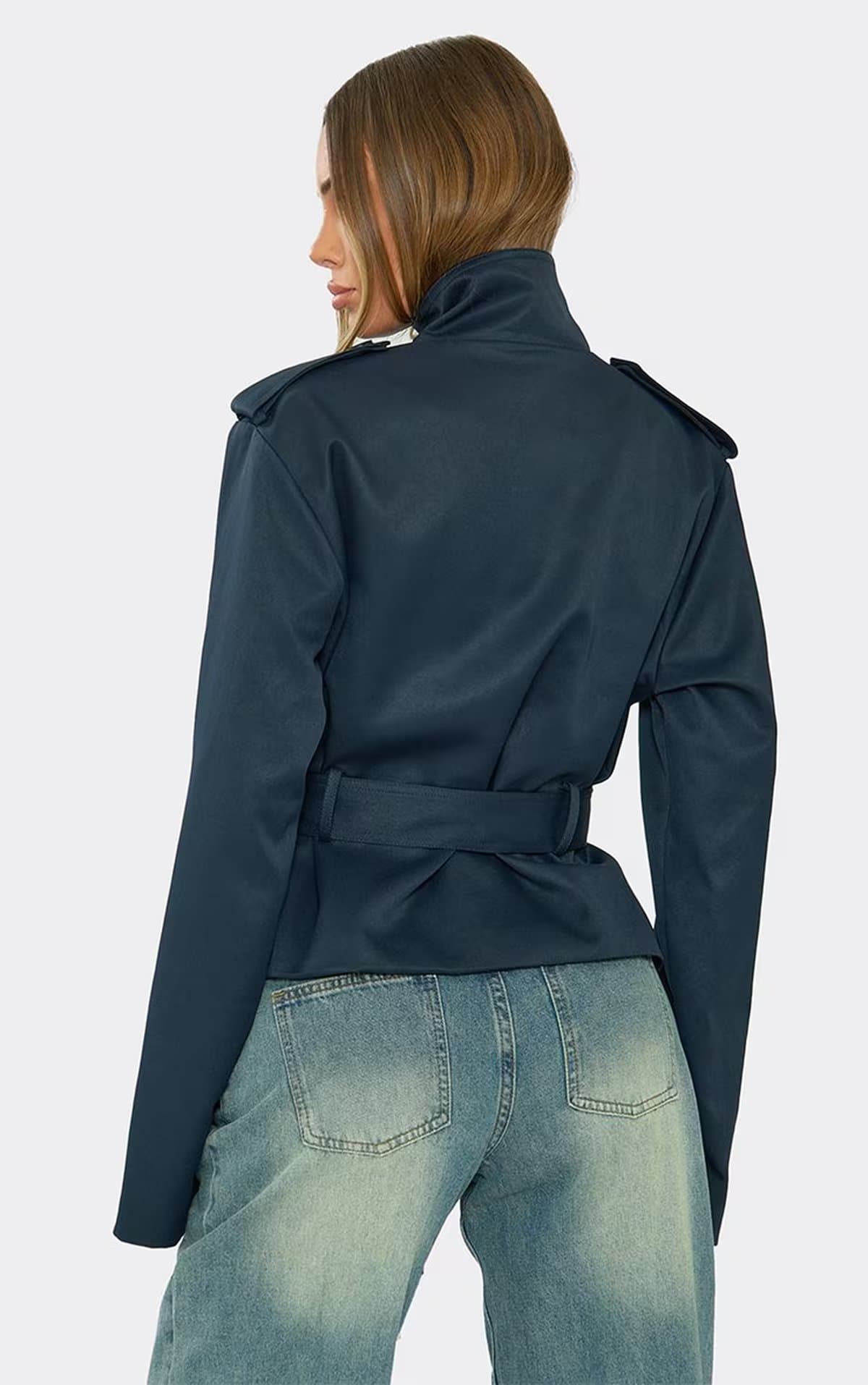 EGO EGO Navy Funnel Neck Tie Waist Cropped Trench Coat