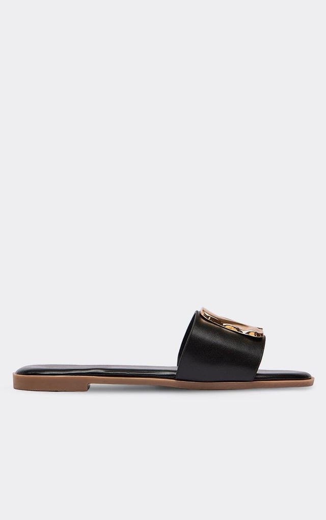 EGO Ronan Trim Detail Flat Slider Sandal In Black Faux Leather, Women's Size UK 3 - 2