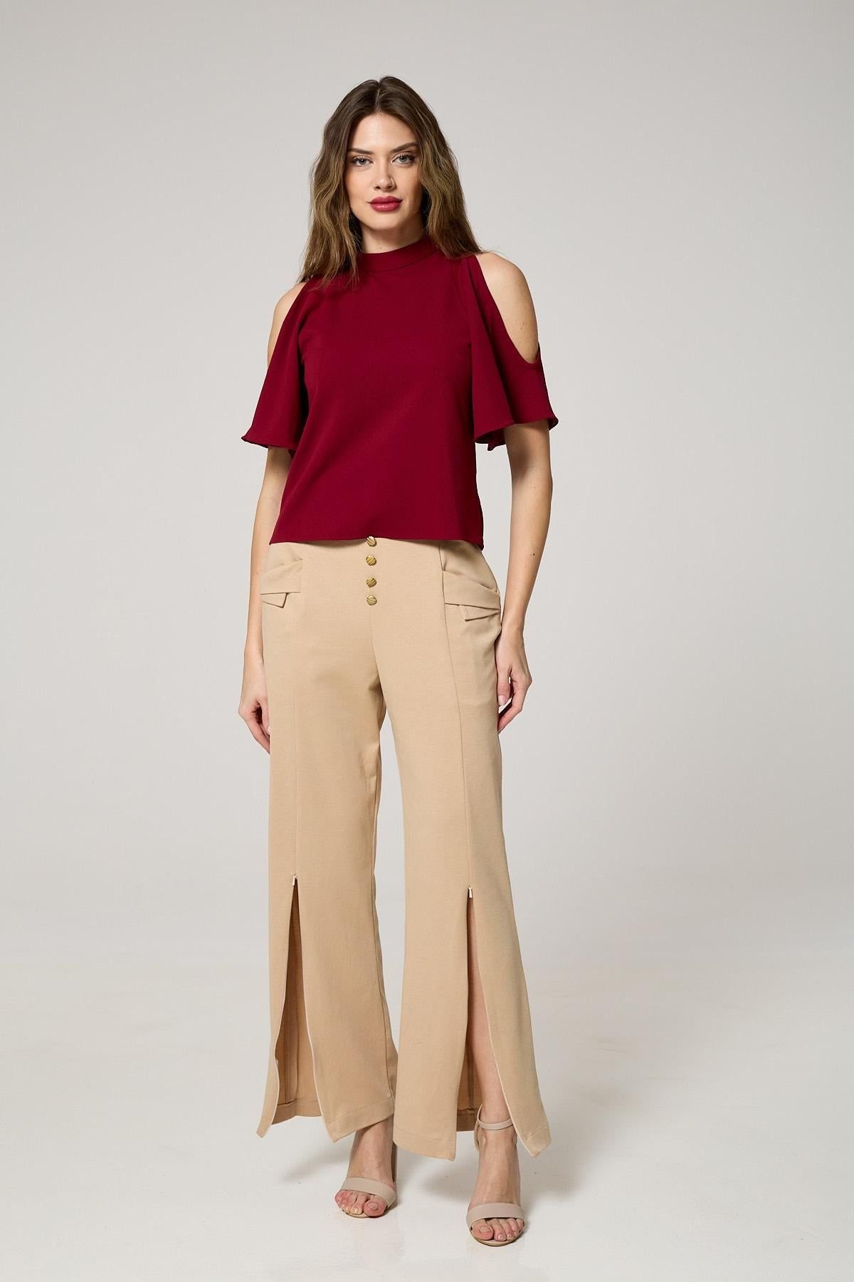 K-Win London K-Win London Women's Elegant Butterfly Sleeve Cold-Shoulder Top in Wine - 3