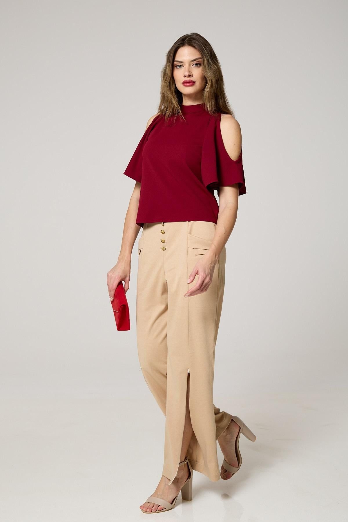 K-Win London K-Win London Women's Elegant Butterfly Sleeve Cold-Shoulder Top in Wine - 4