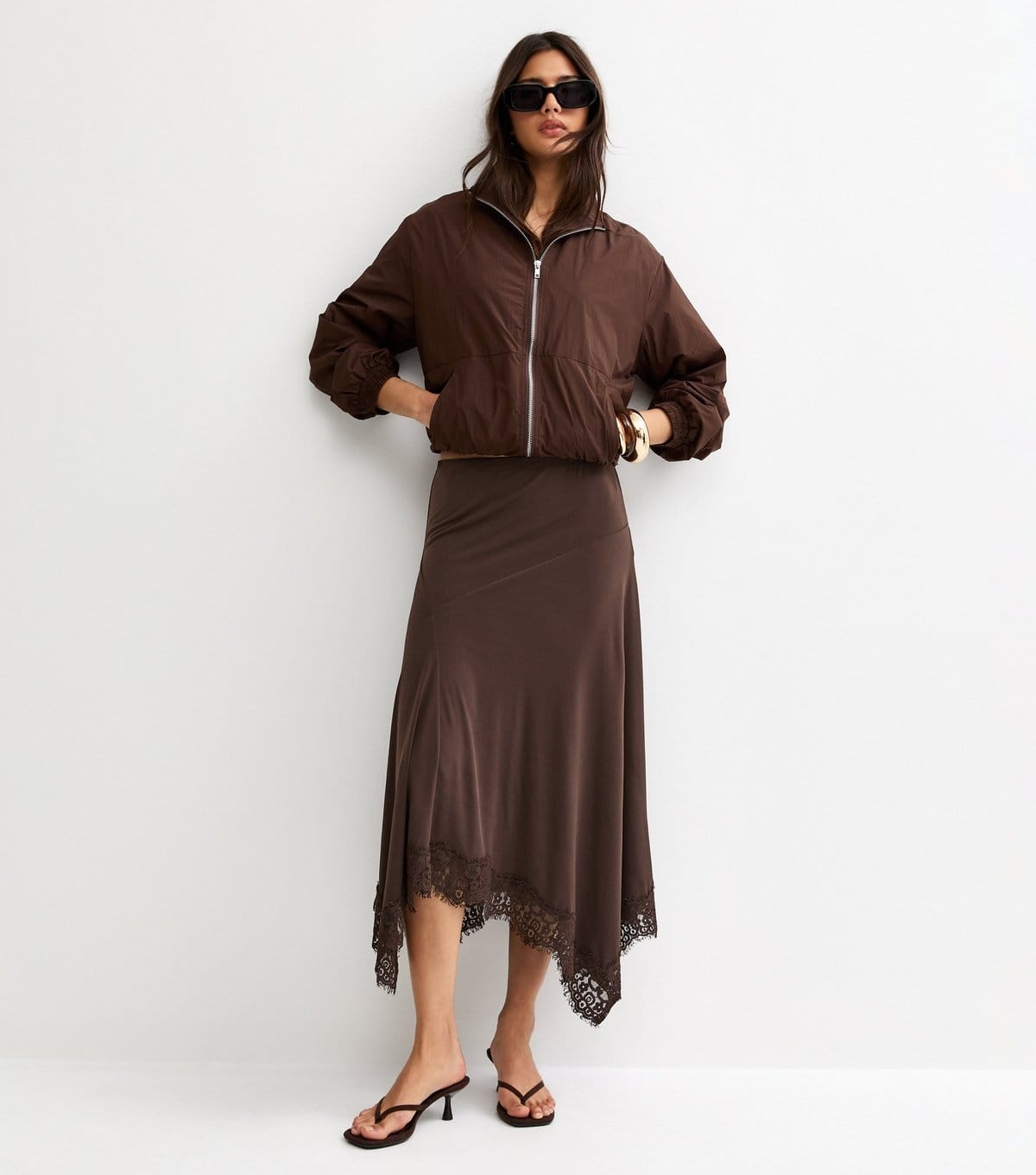 New Look Women's Dark Brown Lace Trim Hanky Hem Midi Skirt New Look - 1