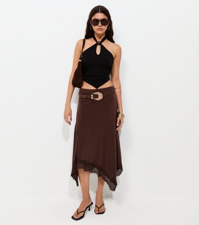 New Look Women's Dark Brown Lace Trim Hanky Hem Midi Skirt New Look - 2