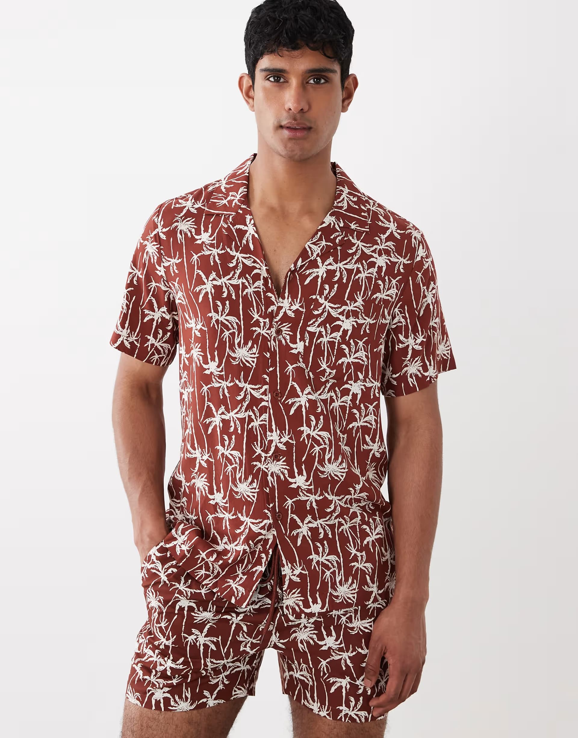 ASOS South Beach palm print revere shirt in brown