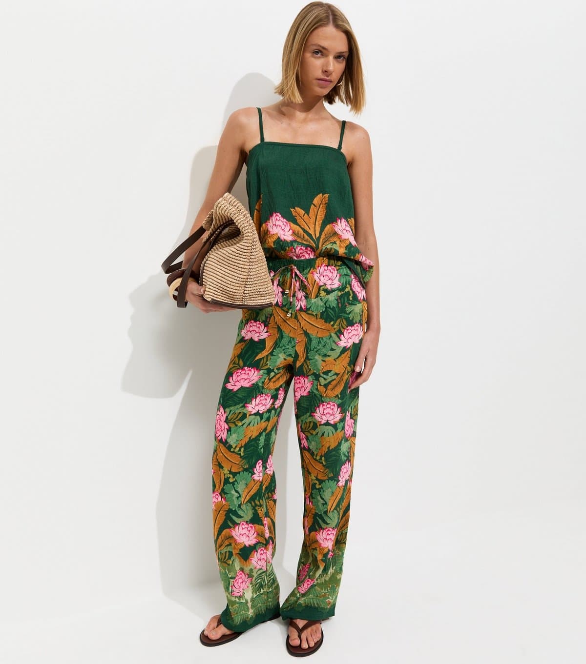 New Look Women's Green Palm Goya Wide Leg Trousers New Look