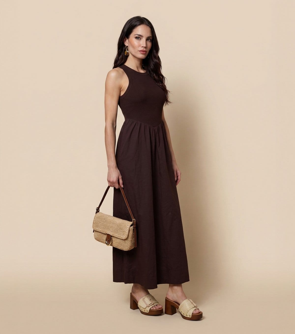 Urban Bliss Women's Brown Ribbed Poplin Midi Dress Urban Bliss New Look - 1