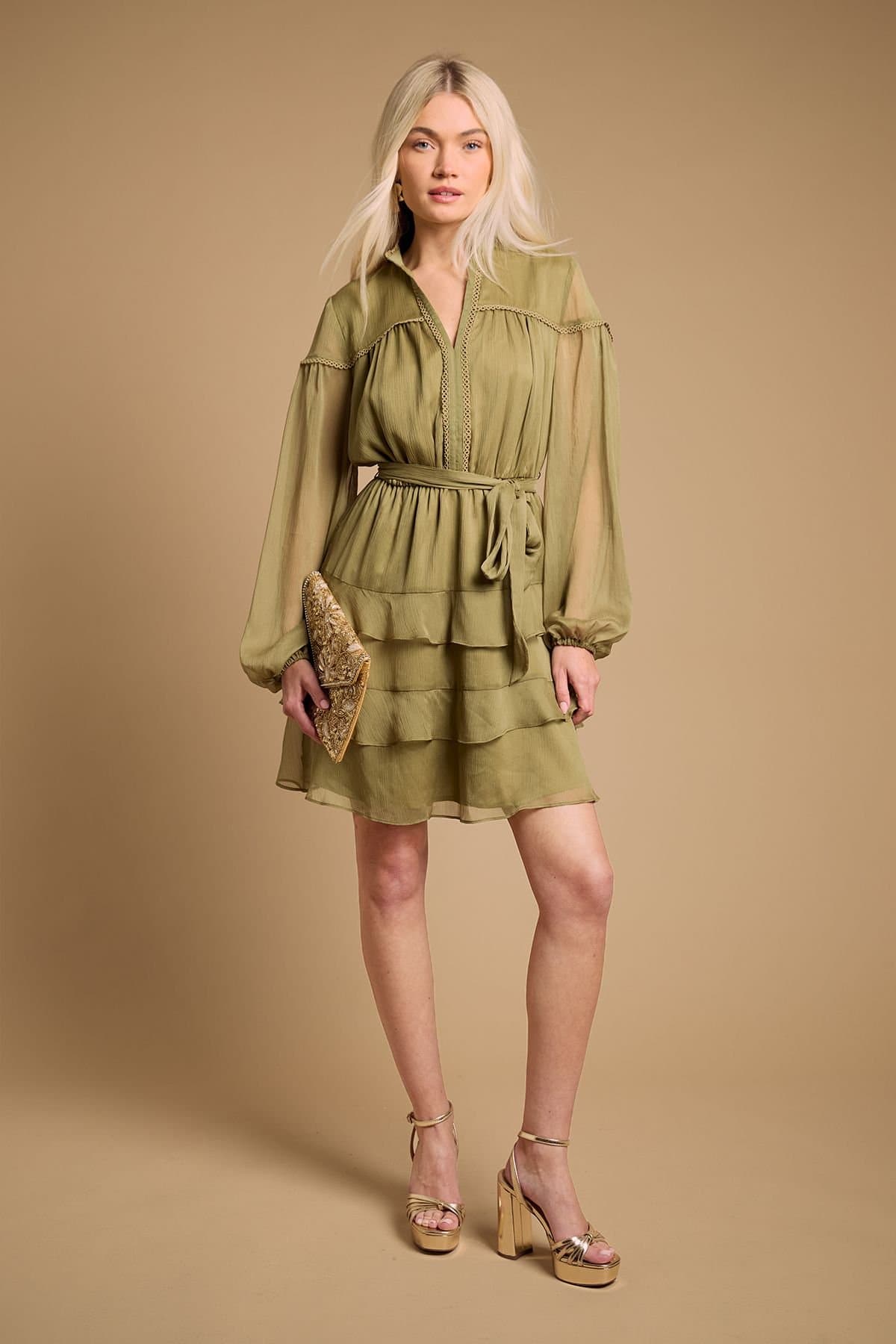 Oasis Oasis Women's Contrast Tiered Mini Dress in Olive