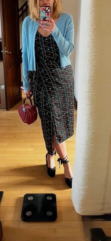 Never Fully Dressed Never Fully Dressed Wrap Midi Skirt UK 8 Black Satin Gold Thread Print Tie Waist Slit
