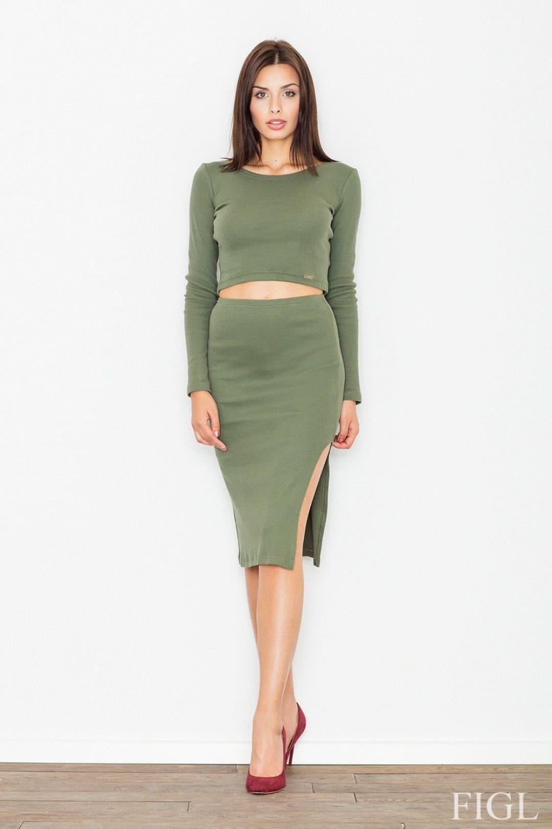 Love Lace Love Lace Women's Smooth Cotton Knit Short Top Pencil Skirt Set in Green