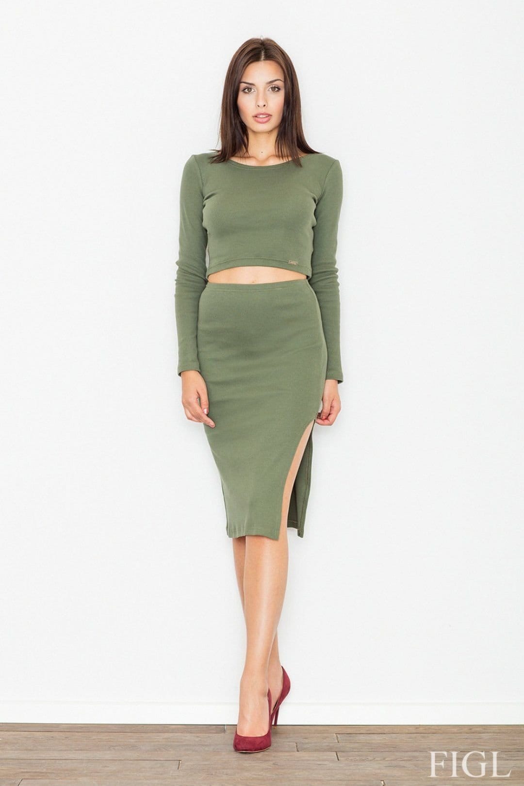 Love Lace Love Lace Women's Smooth Cotton Knit Short Top Pencil Skirt Set in Green - 1