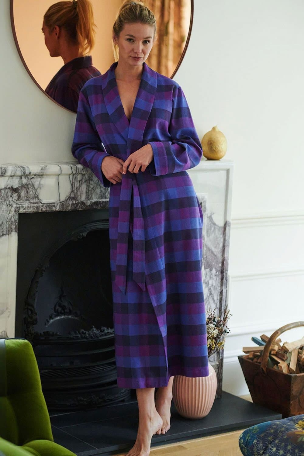 British Boxers British Boxers Women's "Berwick" Check Brushed Cotton Dressing Gown in Indigo