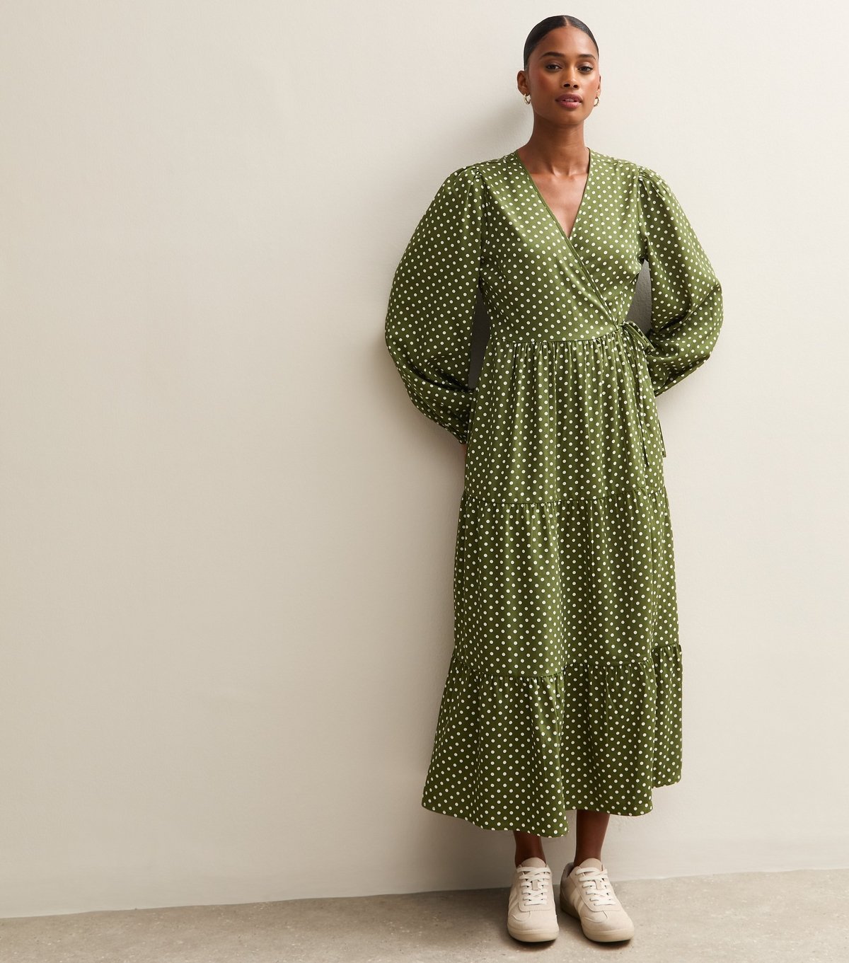 New Look Women's Green Polk Dot Long Sleeve Wrap Midi Dress New Look - 3