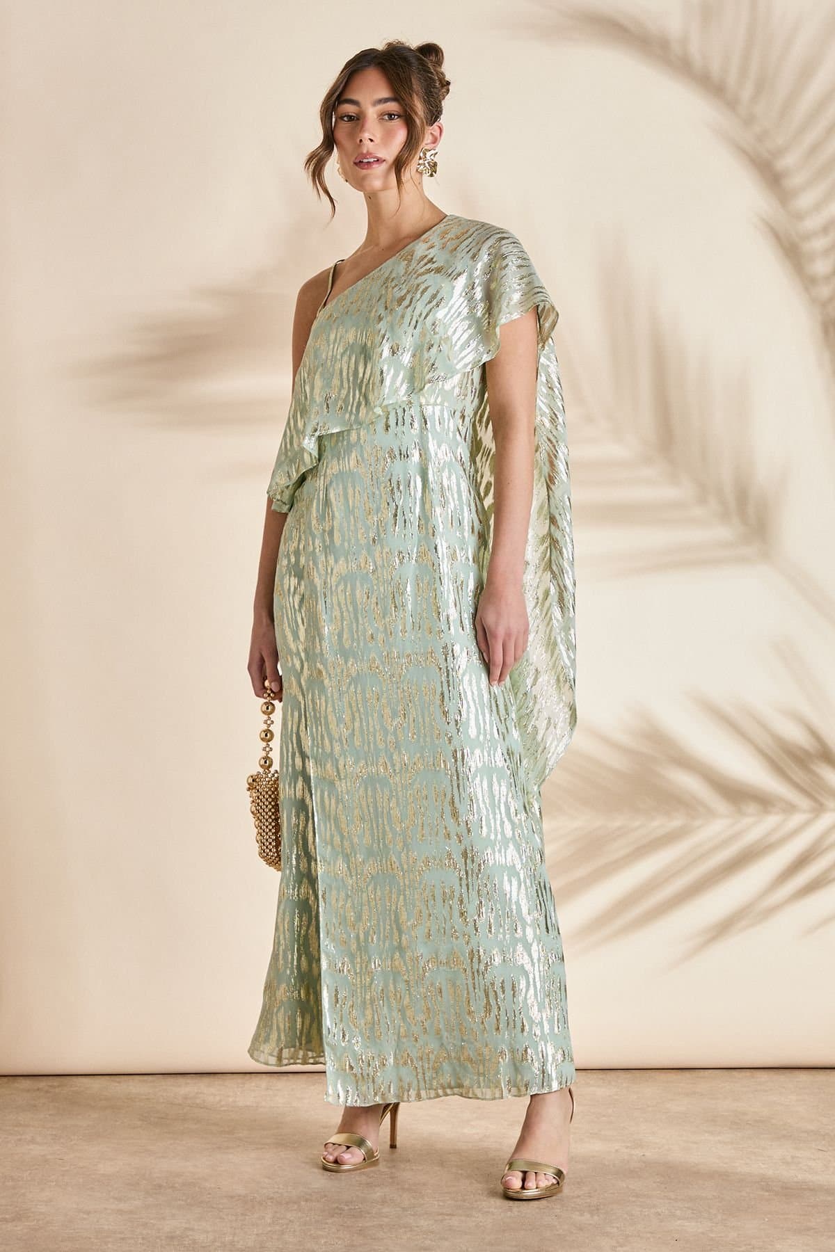 Coast Coast Women's Metallic One Shoulder Maxi Dress in Olive