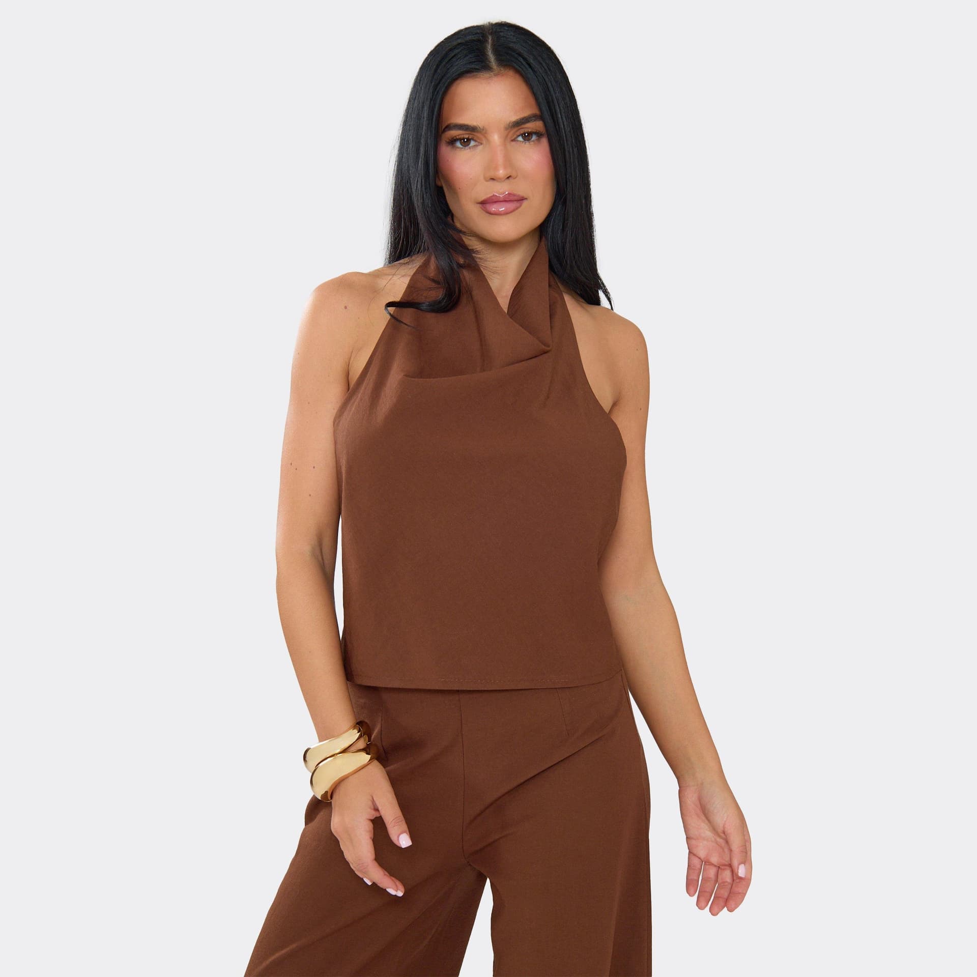 EGO Cowl Halterneck Top In Brown Linen Look, Women's Size UK 6