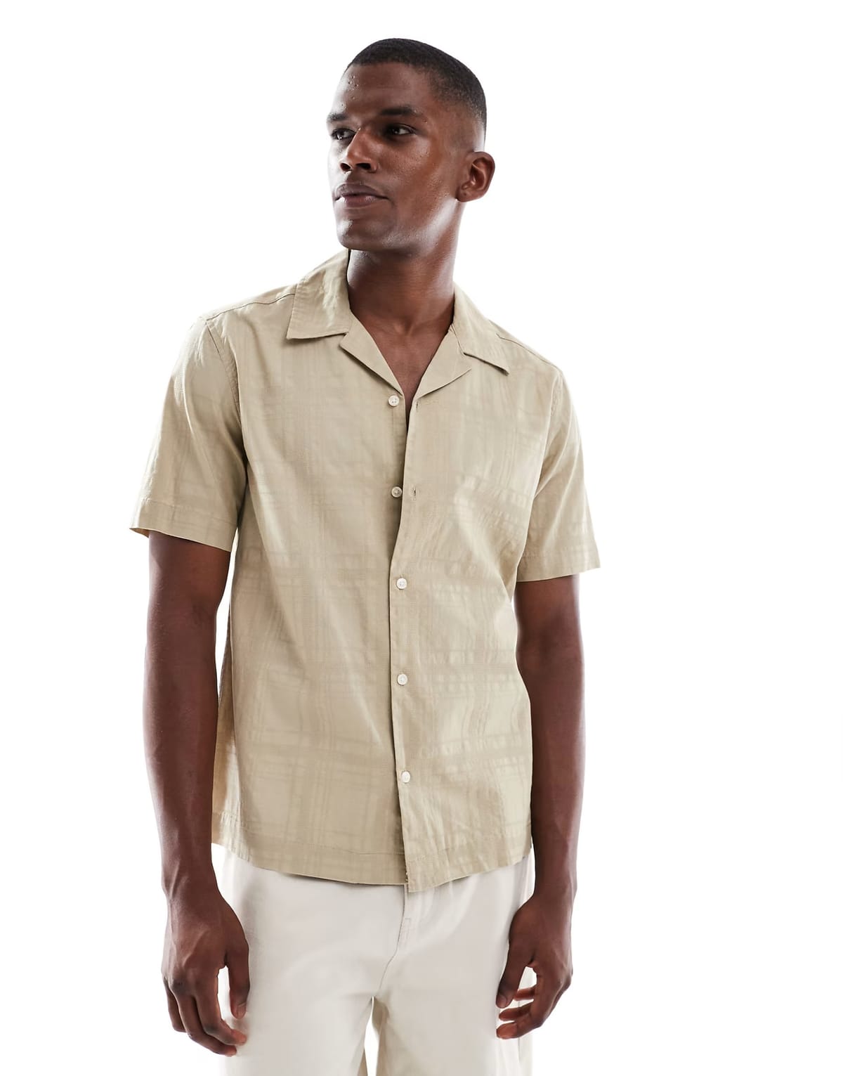 ASOS ONLY & SONS revere collar textured shirt in beige - 1