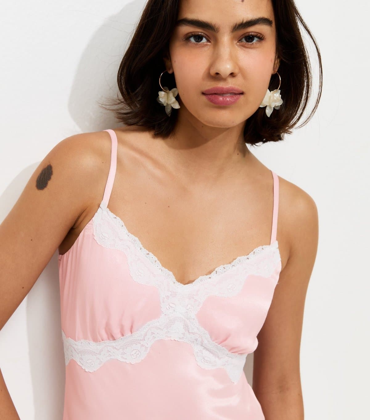 New Look Women's Light Pink Satin Lace Trim Midi Dress New Look