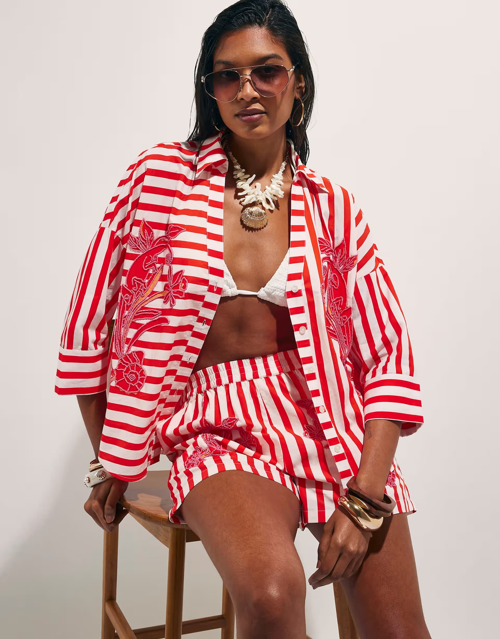 ASOS River Island Cotton stripe beaded shirt and shorts in red