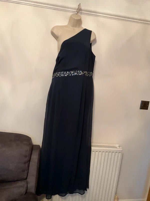 Anaya Navy Sequin One Shoulder Evening Dress, Size 16
