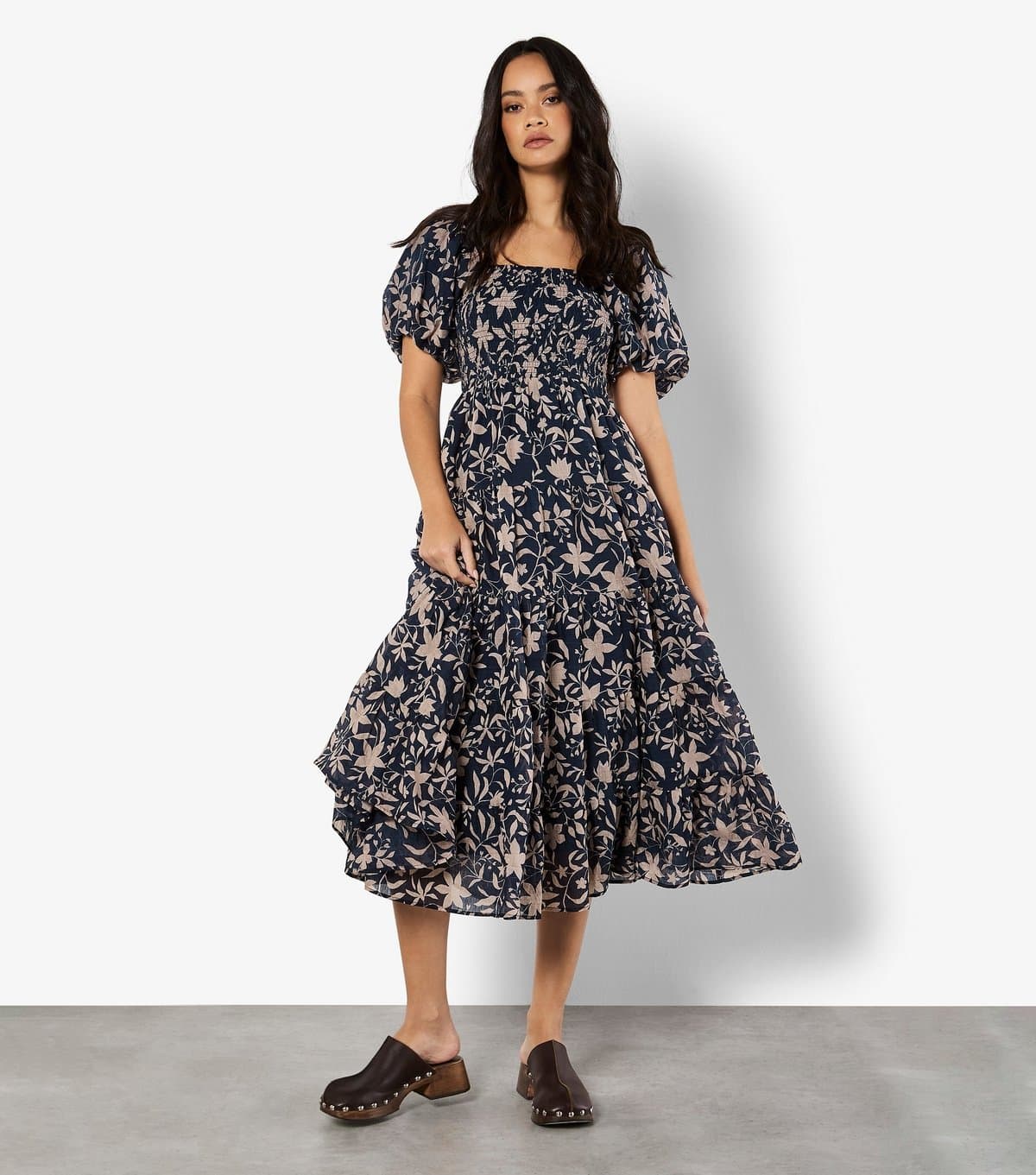 Apricot Women's Navy Floral Print Tiered Midi Dress Apricot New Look