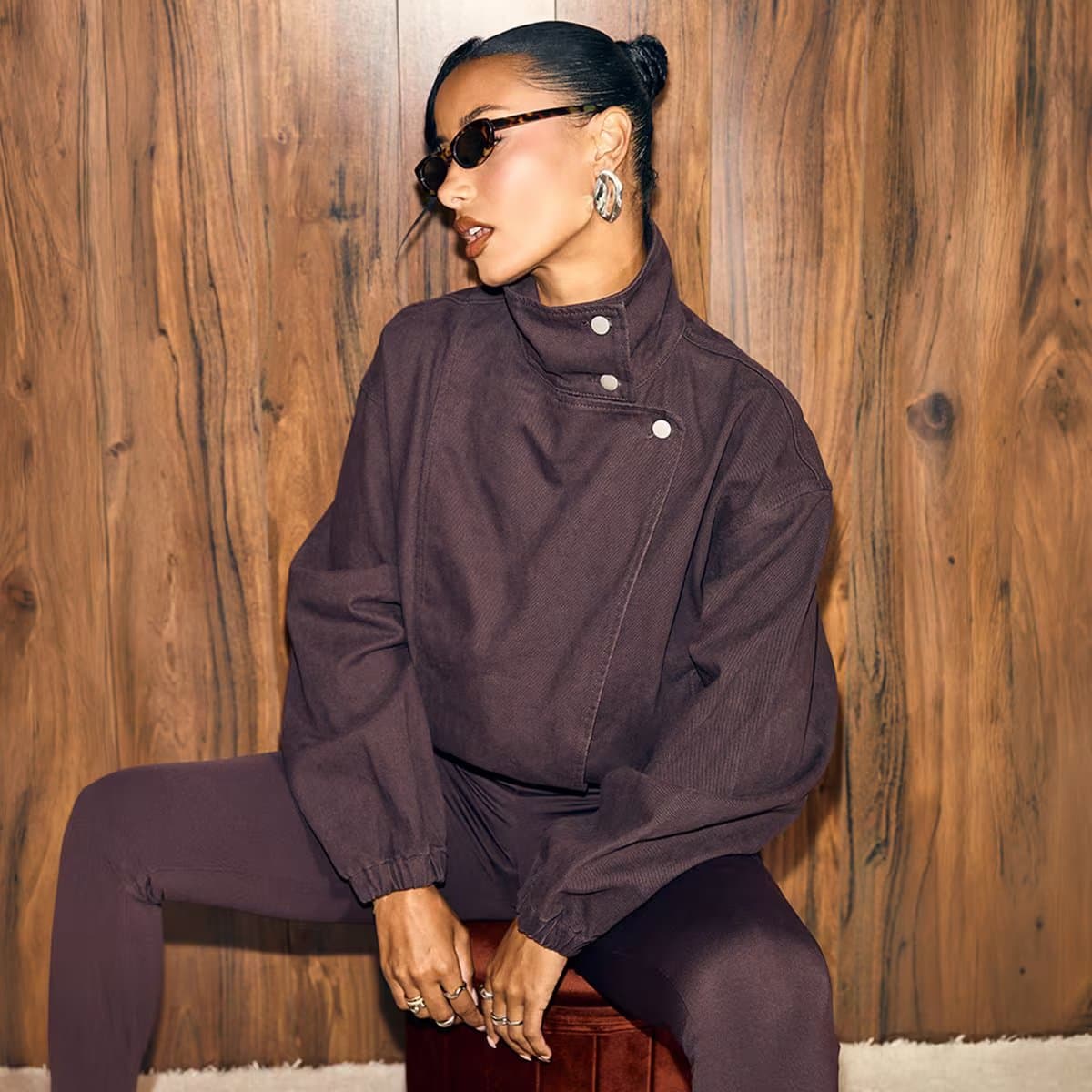 EGO Long Sleeve Funnel Neck Oversized Jacket In Chocolate Plum Denim, Women's Size UK 6