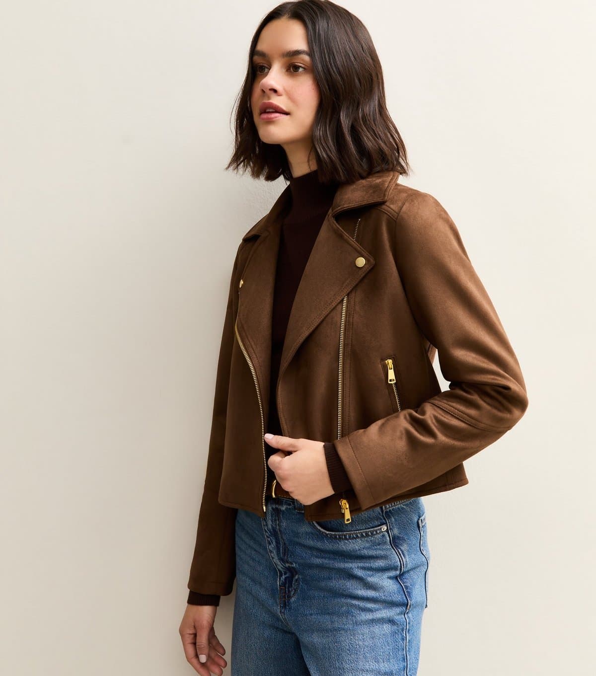 New Look Women's Mid Brown Faux Suede Biker Jacket New Look