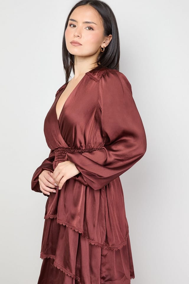 Oasis Oasis Women's Petite Ruffle Tiered Balloon Sleeve High Low Hem Midi Dress in Chocolate - 2