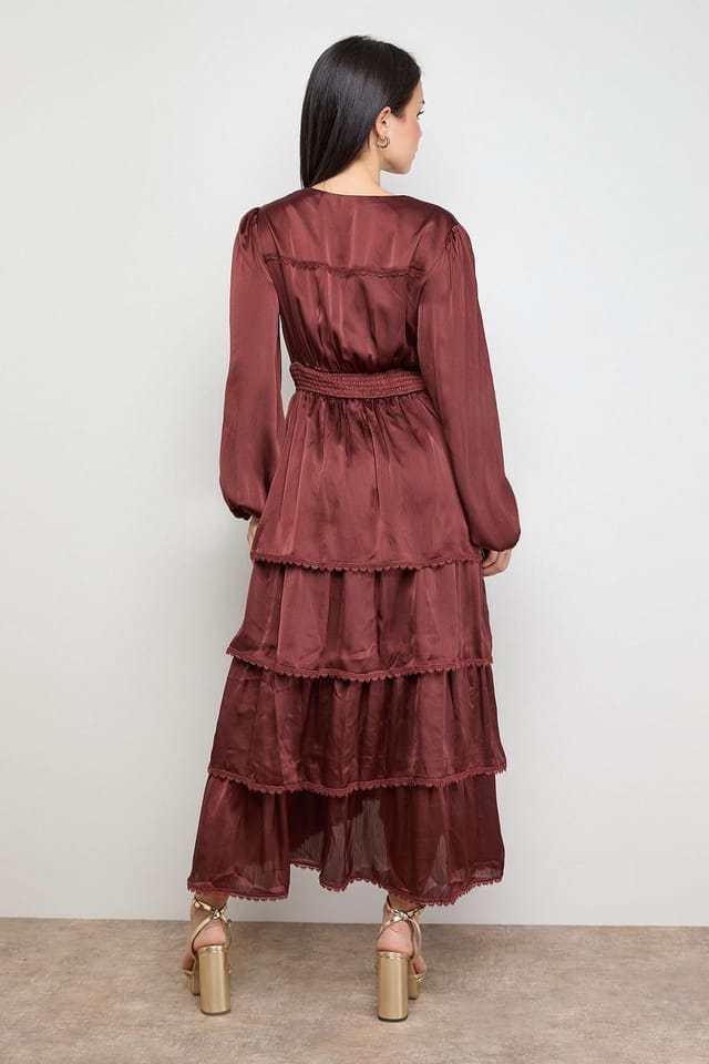 Oasis Oasis Women's Petite Ruffle Tiered Balloon Sleeve High Low Hem Midi Dress in Chocolate - 3