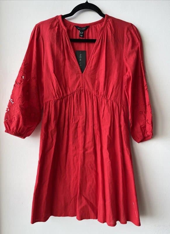 New Look New look - v-neck embroidered linen short dress - size 10 - red
