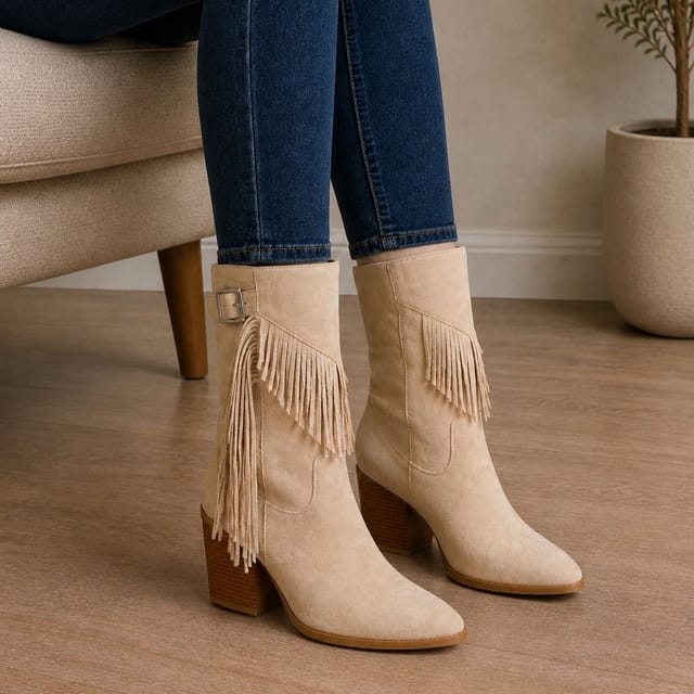 Truffle Collection Truffle Collection Women's Calf Boots Zip Microfibre Pointed Toe Block Heel Shoes in Beige - 2