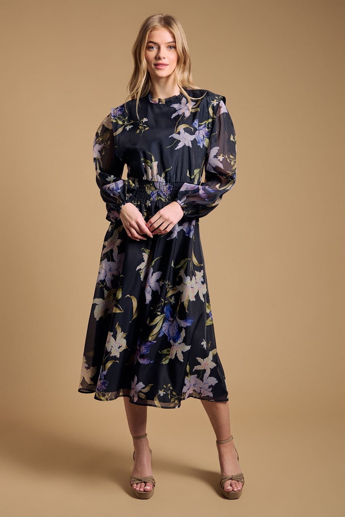 Oasis Oasis Women's Floral Organza Shirred Waist Midi Dress in Navy