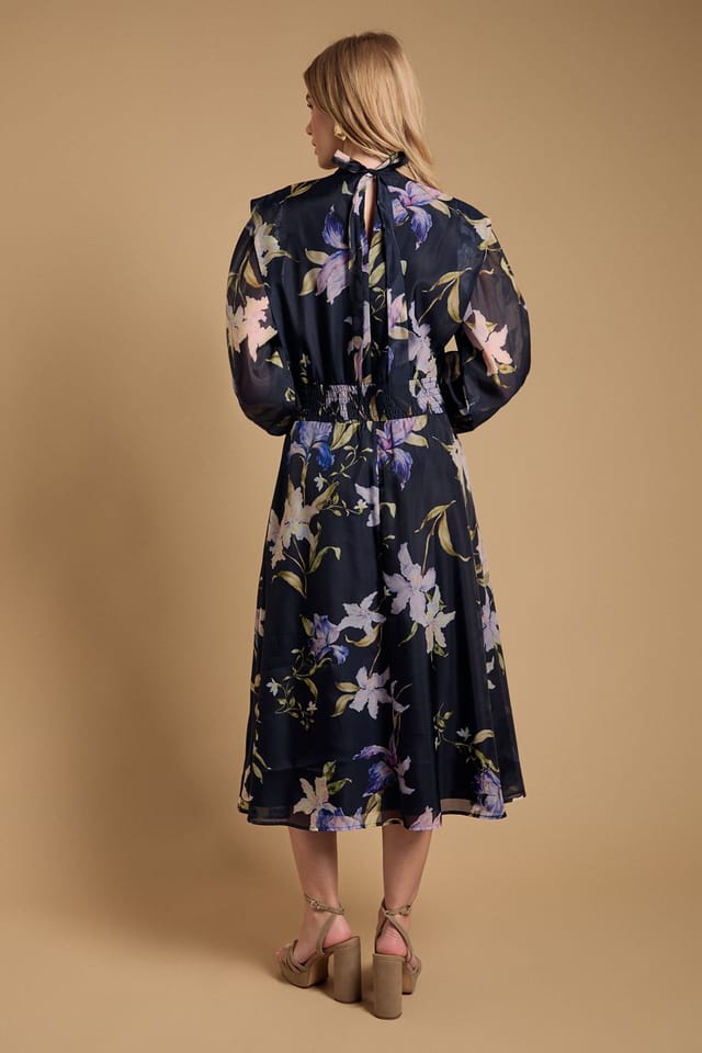 Oasis Oasis Women's Floral Organza Shirred Waist Midi Dress in Navy - 3