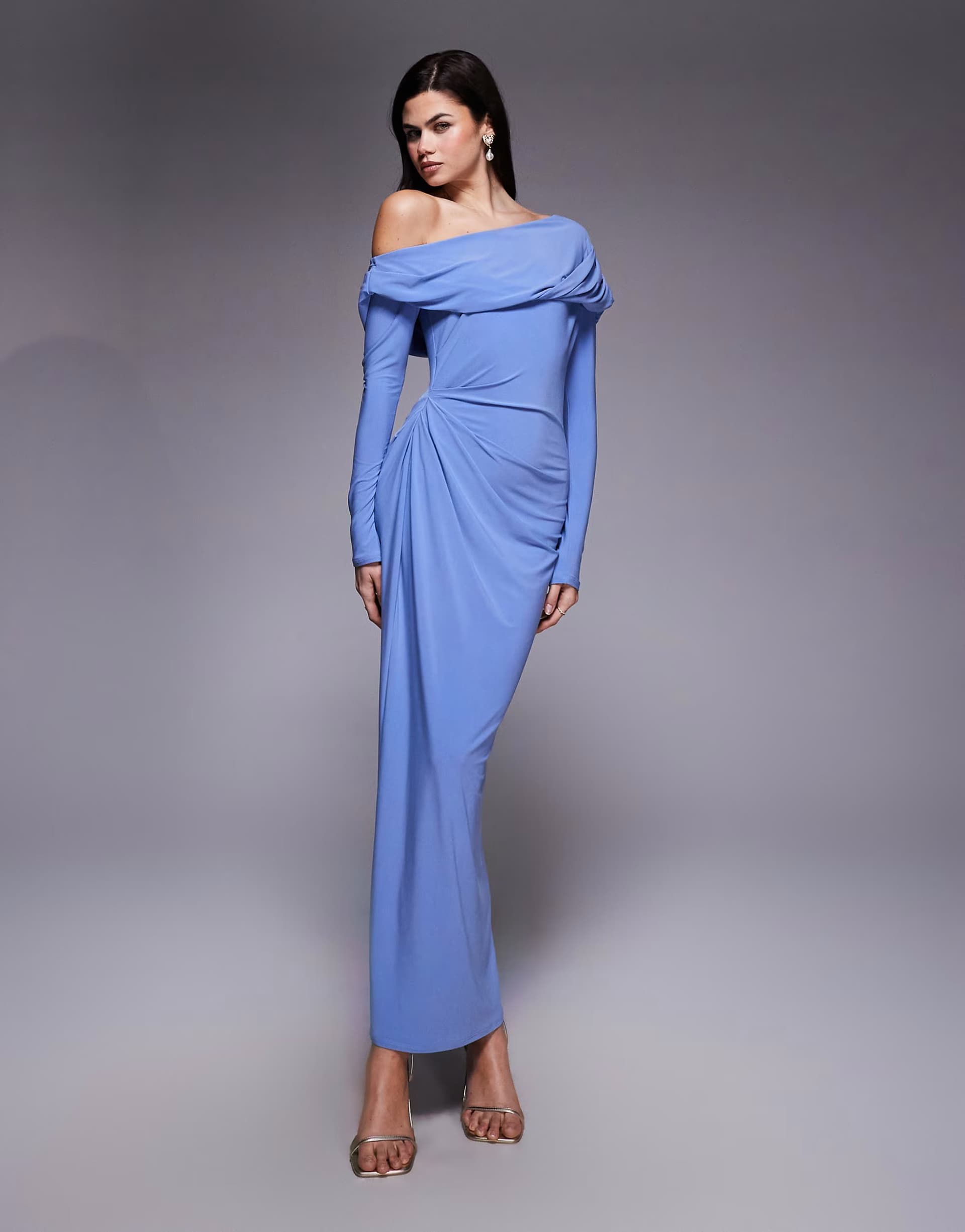 ASOS ASOS DESIGN slinky long sleeve fallen shoulder maxi dress with drape detail in light blue
